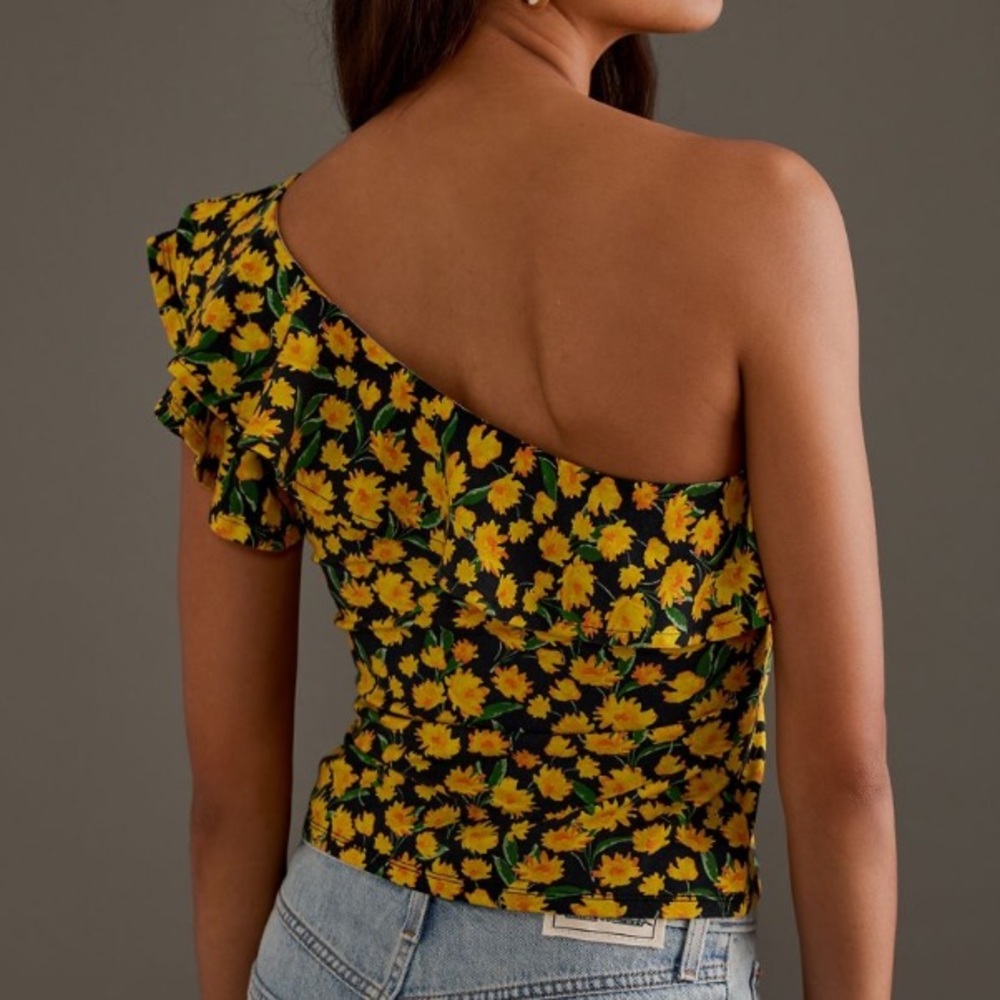 Anthropologie Maeve One-Shoulder Ruffled Top NWT Medium Floral Yellow Flowers - Picture 3 of 11